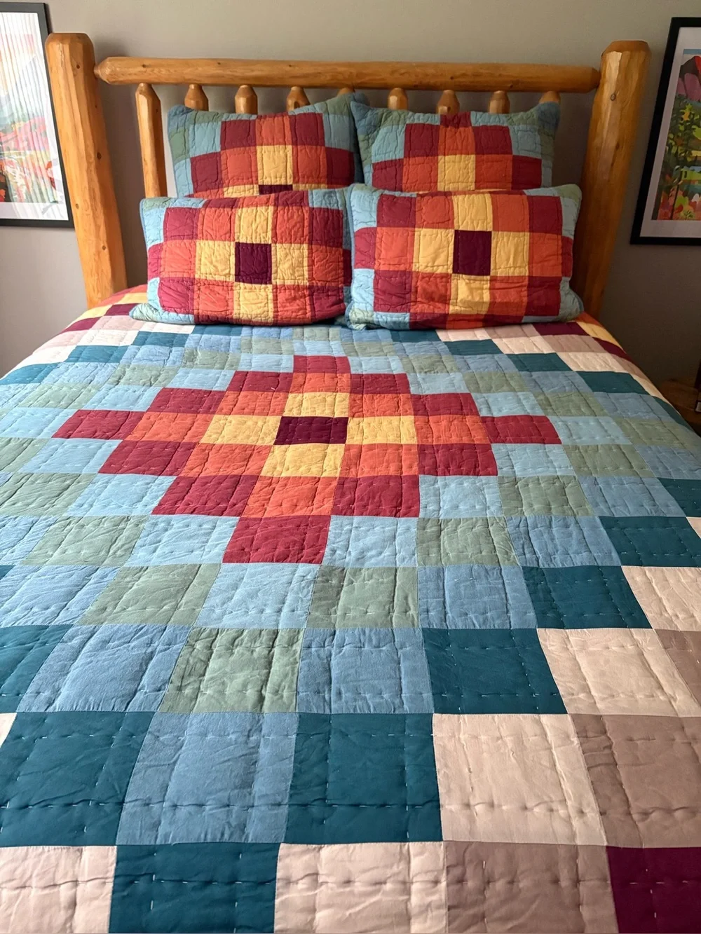 The Company Store Geometric Patchwork Quilt in Blue, Red & Yellow king